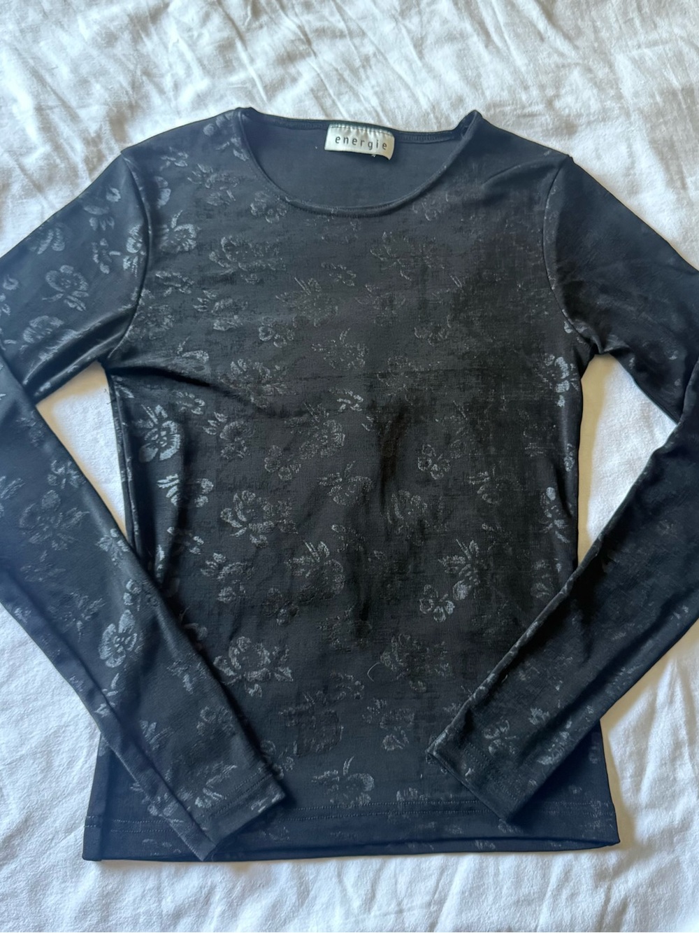 Vintage 90s Energie Black Long Sleeve Floral Sheer Tee